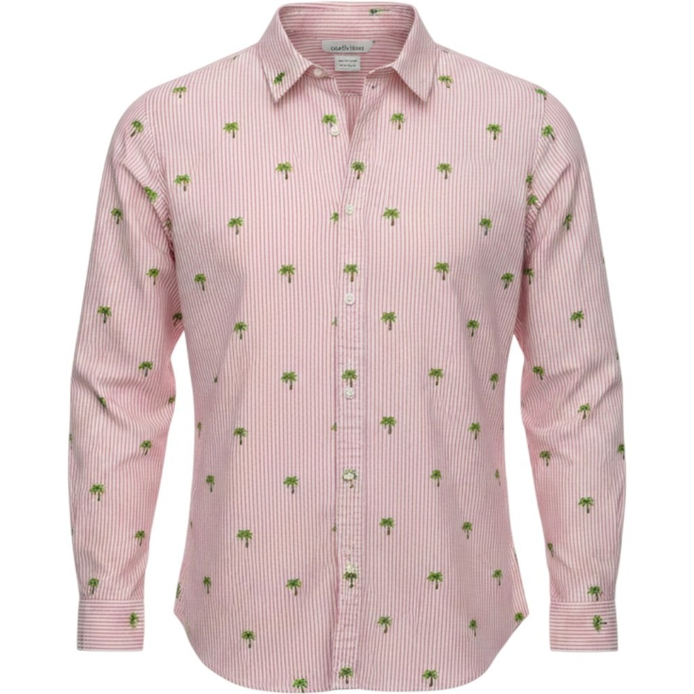 Lemon Way Pink White Striped Palm Tree Embroidered Button Down Shirt Small